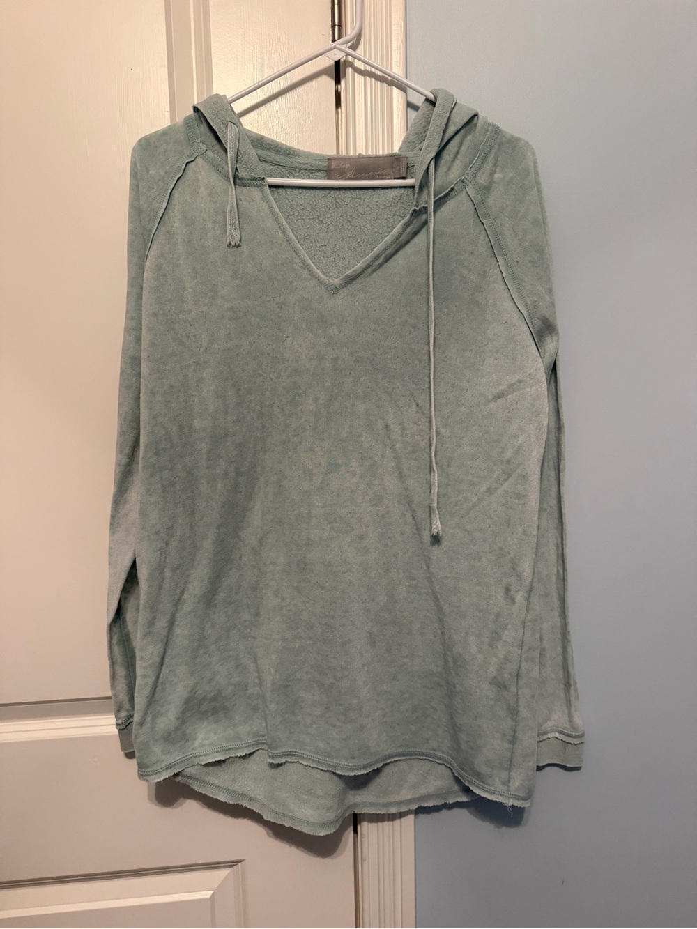 Women's Sage Green Distressed V-Neck Hoodie Top